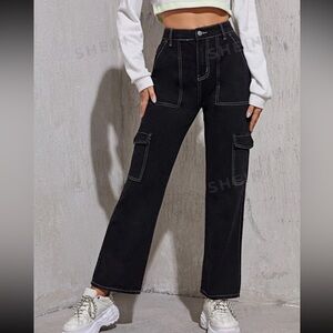 Black with White Stitched Cargo Pants W-2